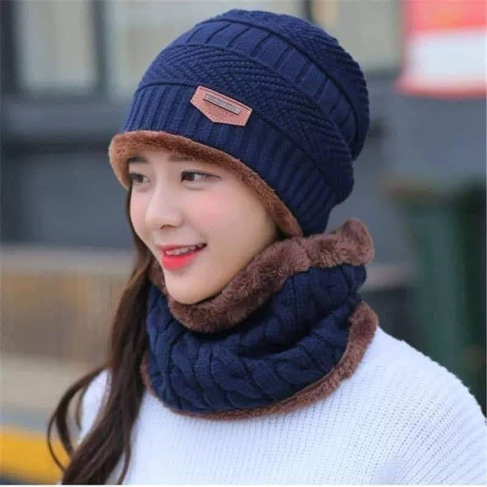 Wool Cap With Neck Warmer | Beanie And Scarf Set With Fleece Mask | Winter Thermal Wool Cap For Men And Women (Blue)