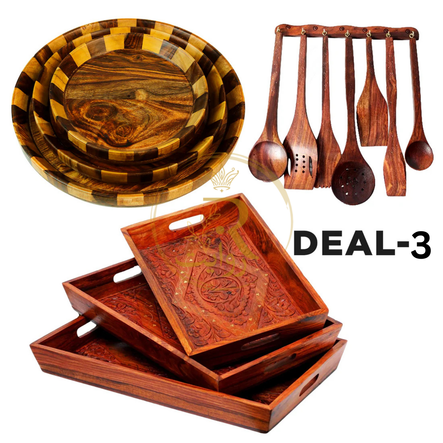 DEAL-3 Tray Set of 3, Wooden Plates, and 8-Piece Cooking Spoon Set